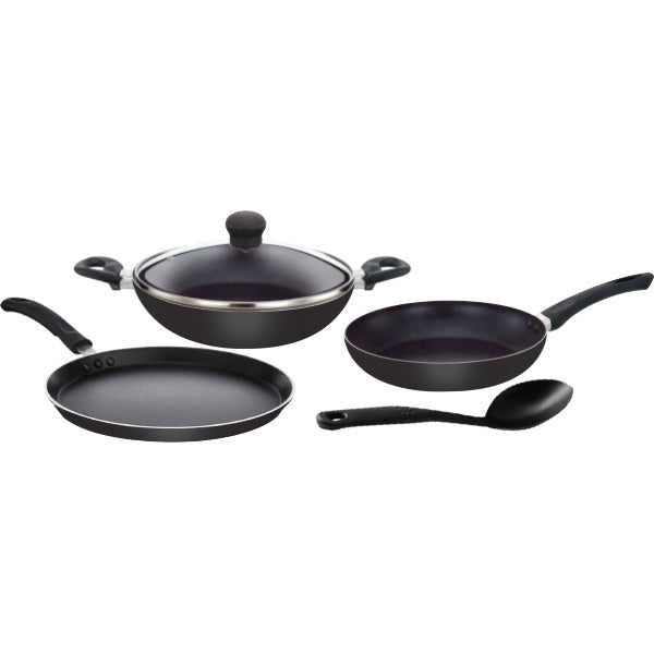 BLACK PEPPER COOKWARE Set 5 PC with Anti Burnt Technology/Designed in Italy/Induction Friendly/Soft Touch Handle/Non Stick DOSA TAWA 26CM, KADAI with Glass LID 24CM, Fry PAN 24CM, Nylon Spatula